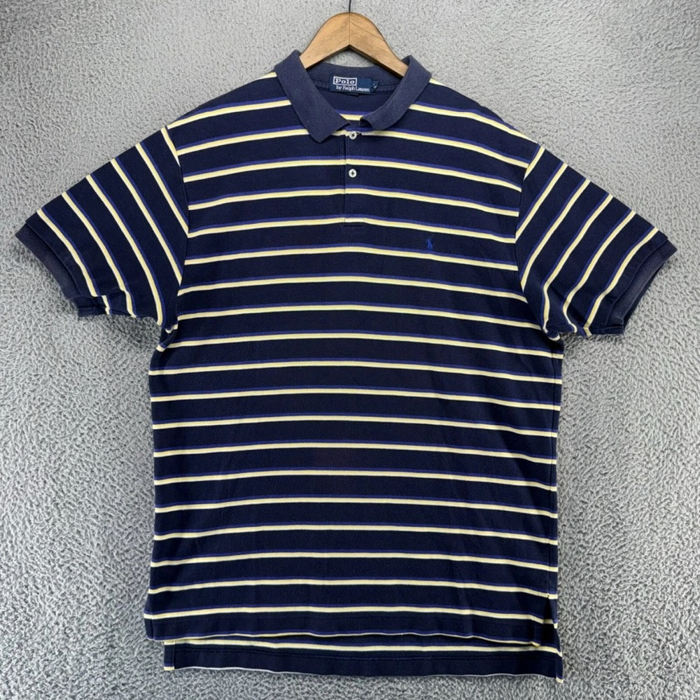 Vintage Ralph Lauren Polo Shirt Mens XL Navy Blue Yellow Pony Rugby Golf 90s Y2K